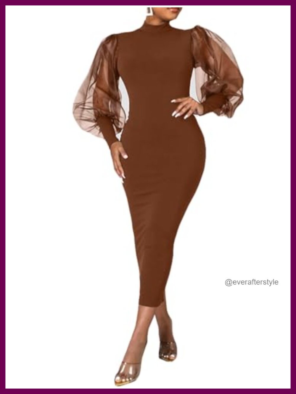 Women Sheer Mesh Lantern Puff Sleeve Bodycon Midi Dress Club Party